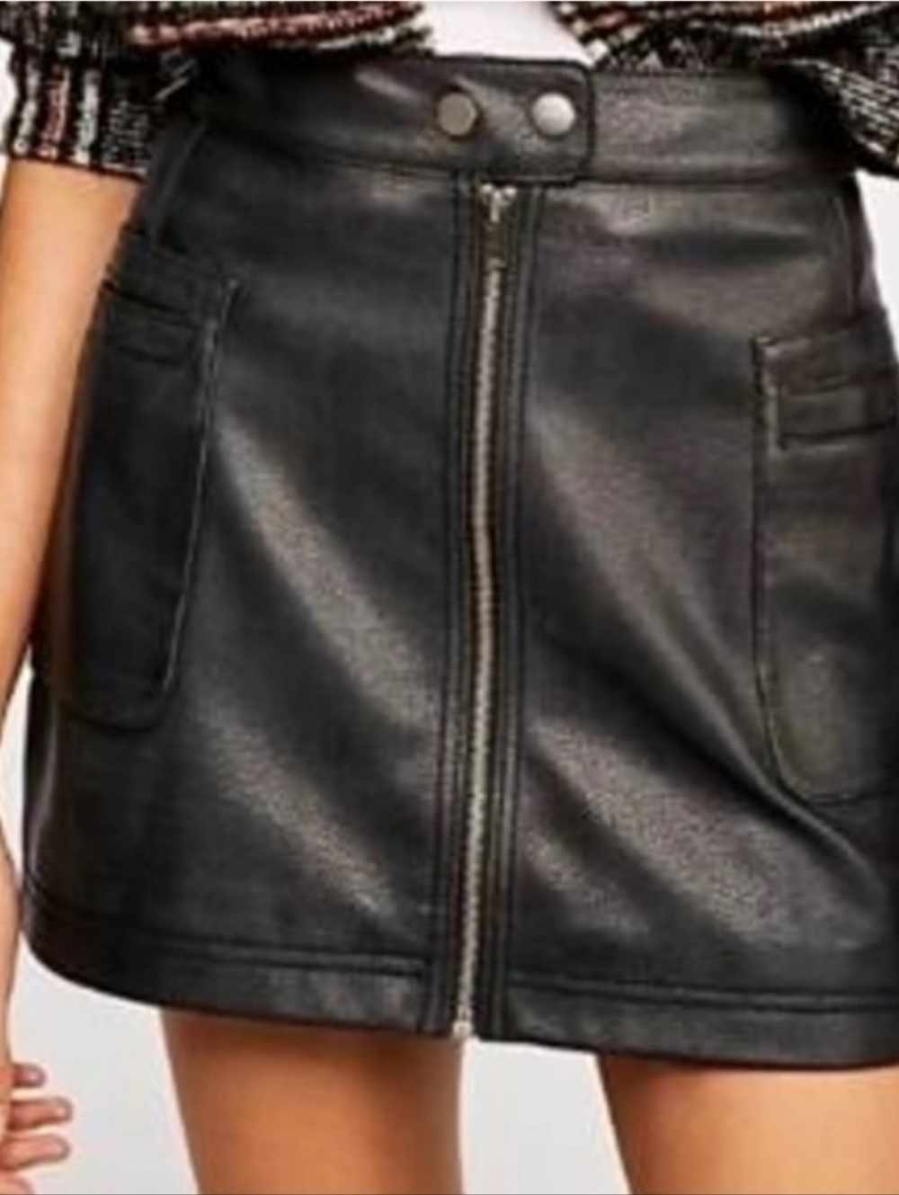Free People Faux Leather Black Front-Zip Mini Skirt